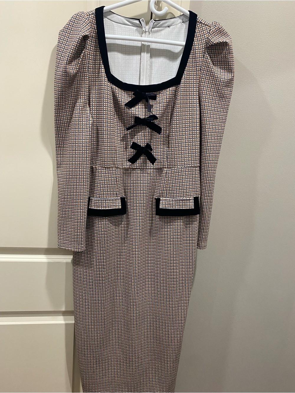 Checker Tweed Midi Dress with Black Trim and Bow Accents